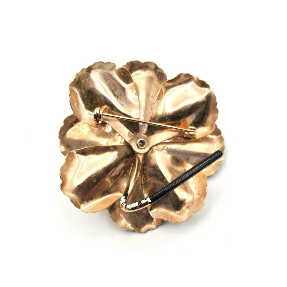 Vintage Gold Tone Black & White Enamel 1960s Flower Brooch
